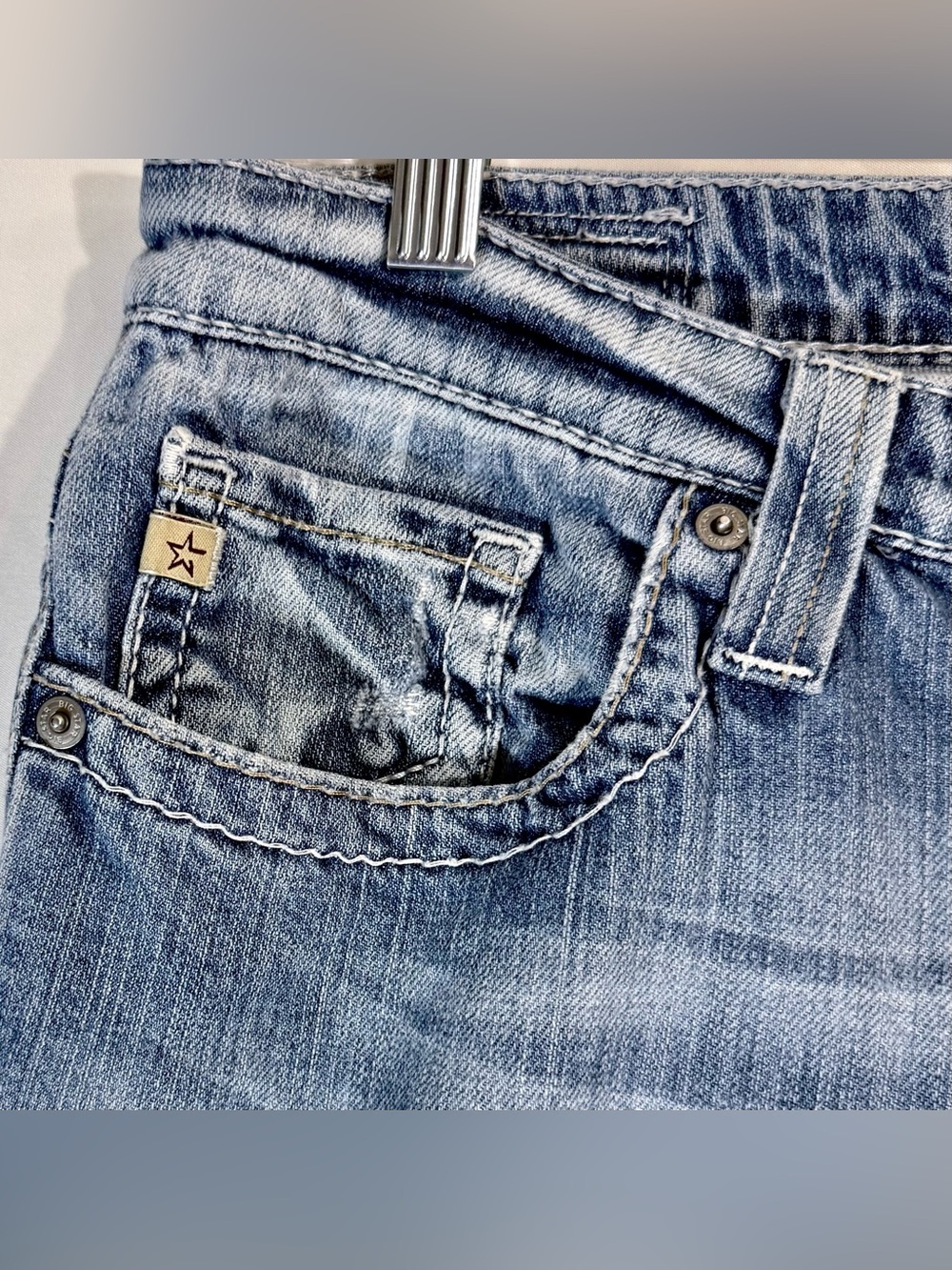 Big Star “Maddie” Mid Rise Boot Cut Distressed Light Wash Jeans With Whiskering - Picture 5 of 16